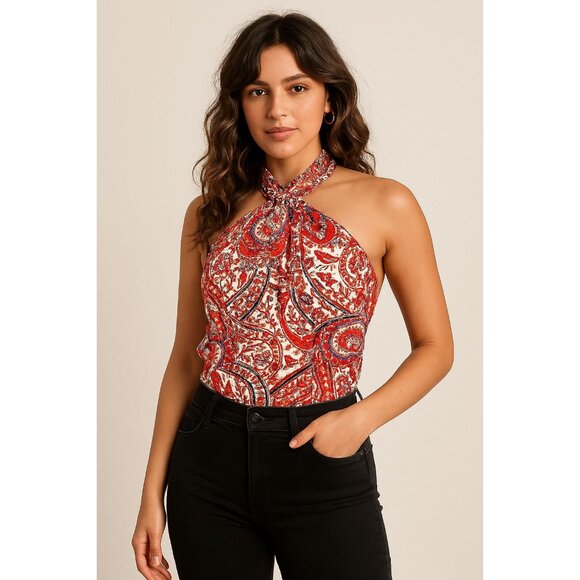 CCC Boho Halter Crisscross Scarf Retro Paisley Blouse Vintage Inspired Style Lg - Picture 2 of 9